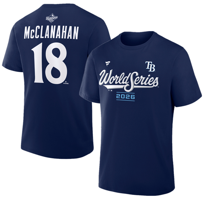 Men's Navy Tampa Bay Rays #18 Shane McClanahan 2026 World Series Name & Number T-Shirt